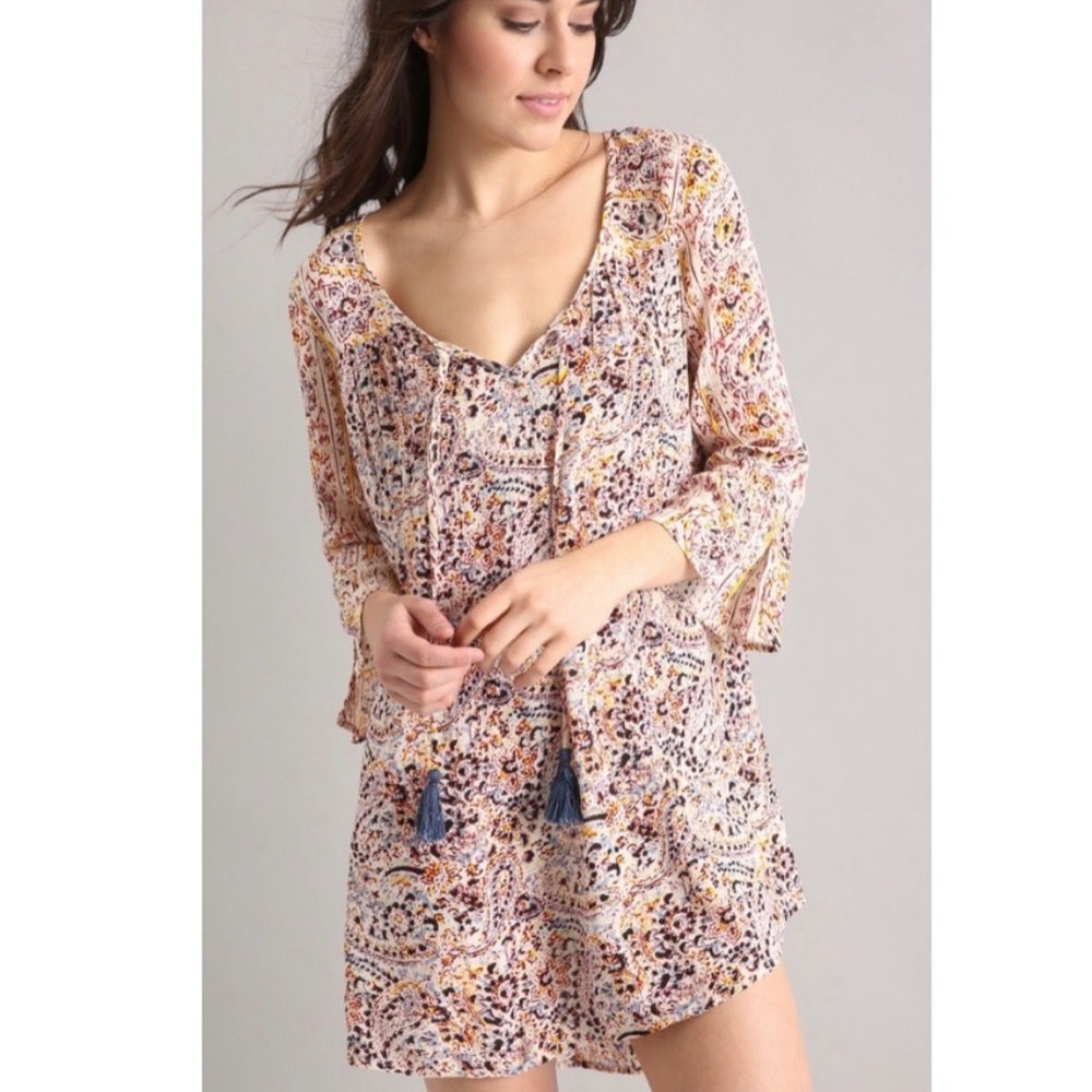 Billabong Take Me Away Paisley Printed Bell Sleeves Swing Flowy Mini Dress